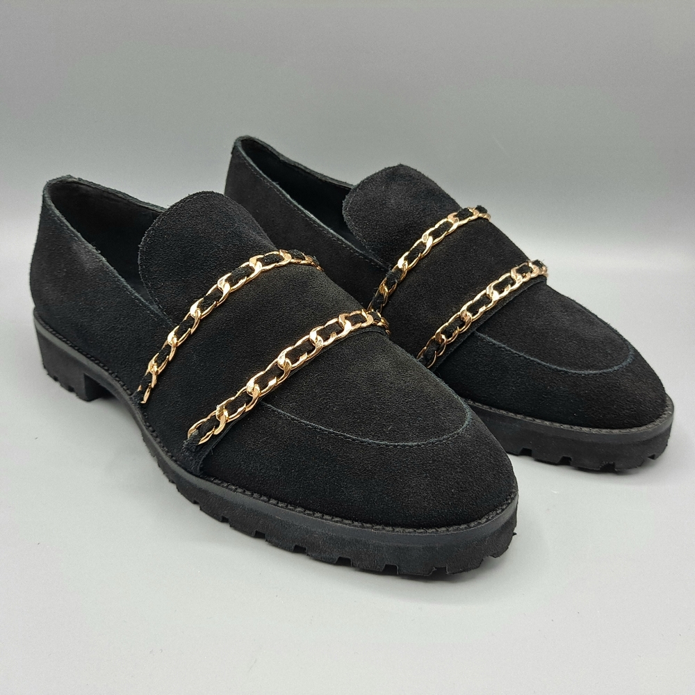 Karl Lagerfeld Paris Black Suede with Gold Chain Accent Loafers Slip On Lug Sole